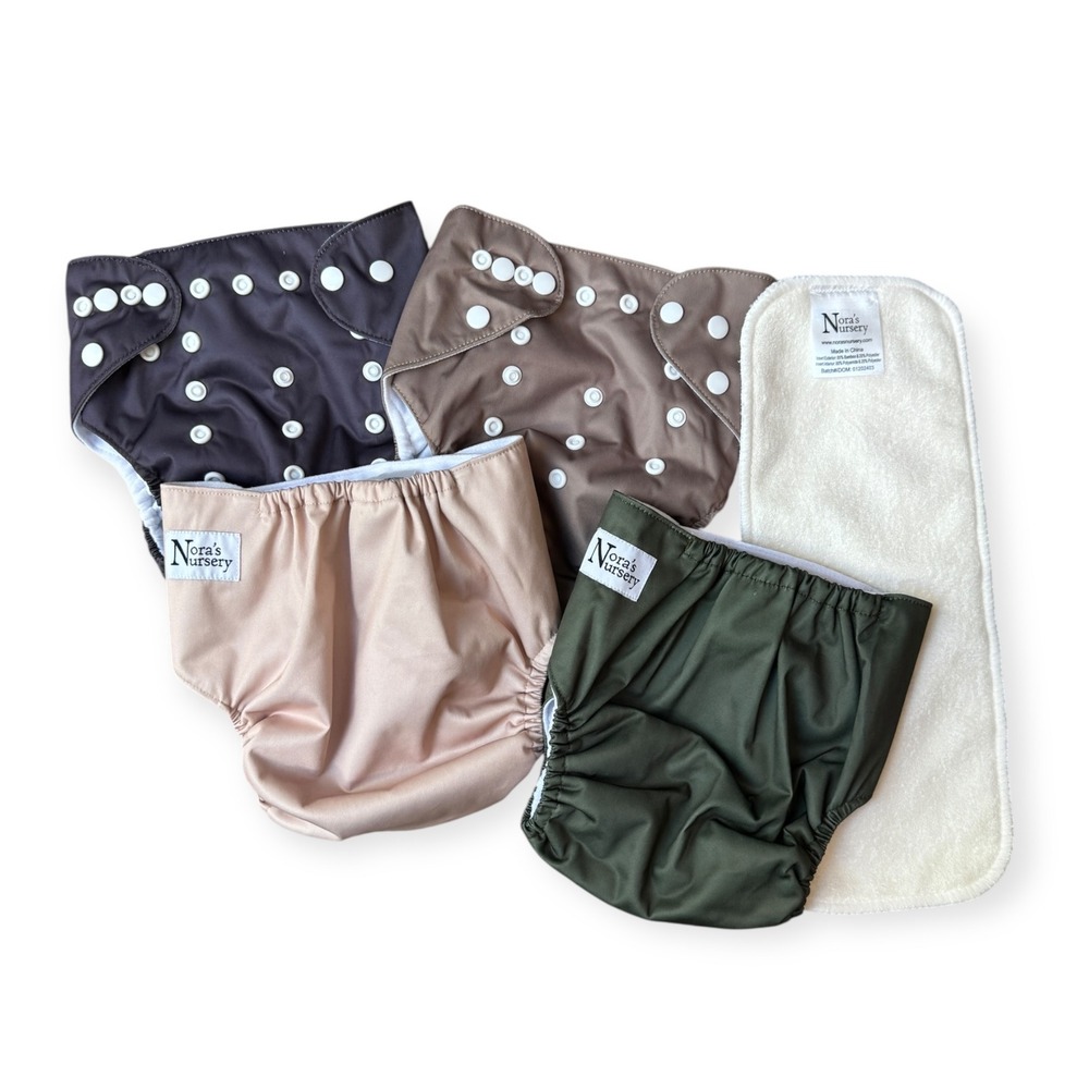 Nora's Nursery Cloth Diapers Set 4 Pocket Covers 1 Bamboo Insert Earth Tones